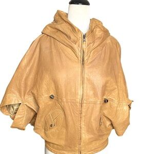 MADE IN ITALY LAMBSKIN LEATHER CAPE STYLE UNIQUE SHORT SLEEVED GATHERED JACKET